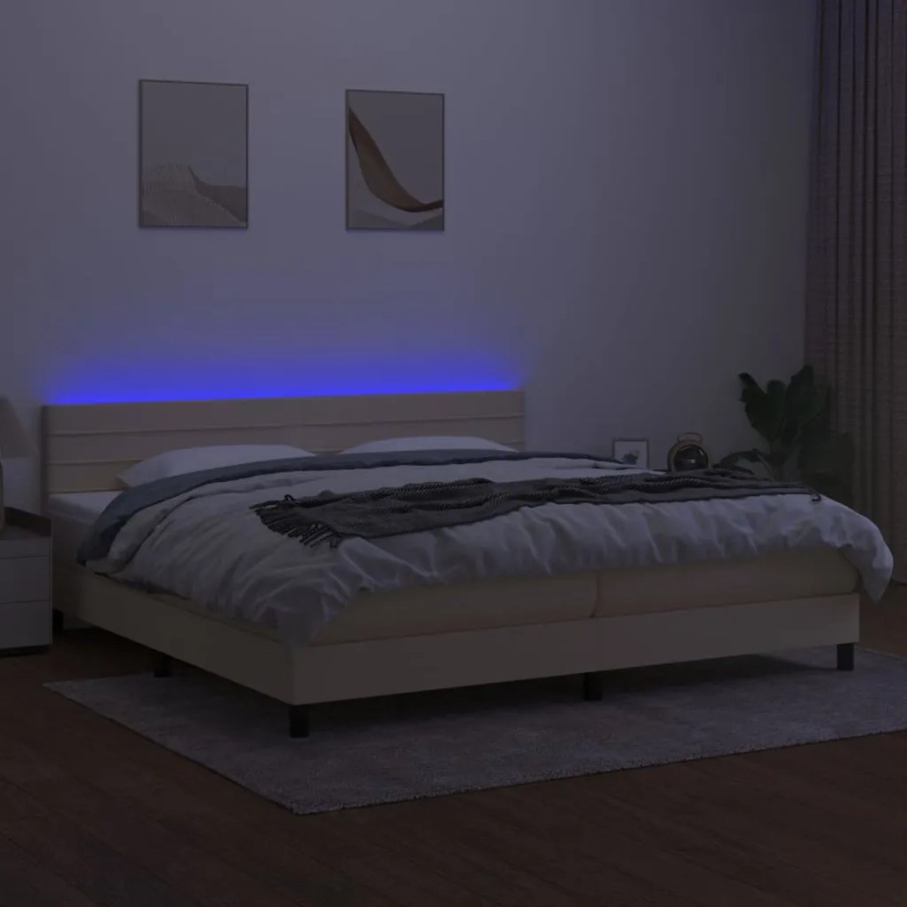 Κρεβάτι Boxspring με Στρώμα &amp; LED Κρεμ 200x200 εκ. Υφασμάτινο - Κρεμ