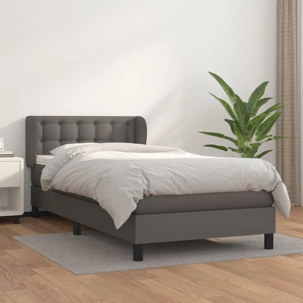 vidaXL Κρεβάτι Boxspring με Στρώμα Γκρι 90x200 εκ. από Συνθετικό Δέρμα