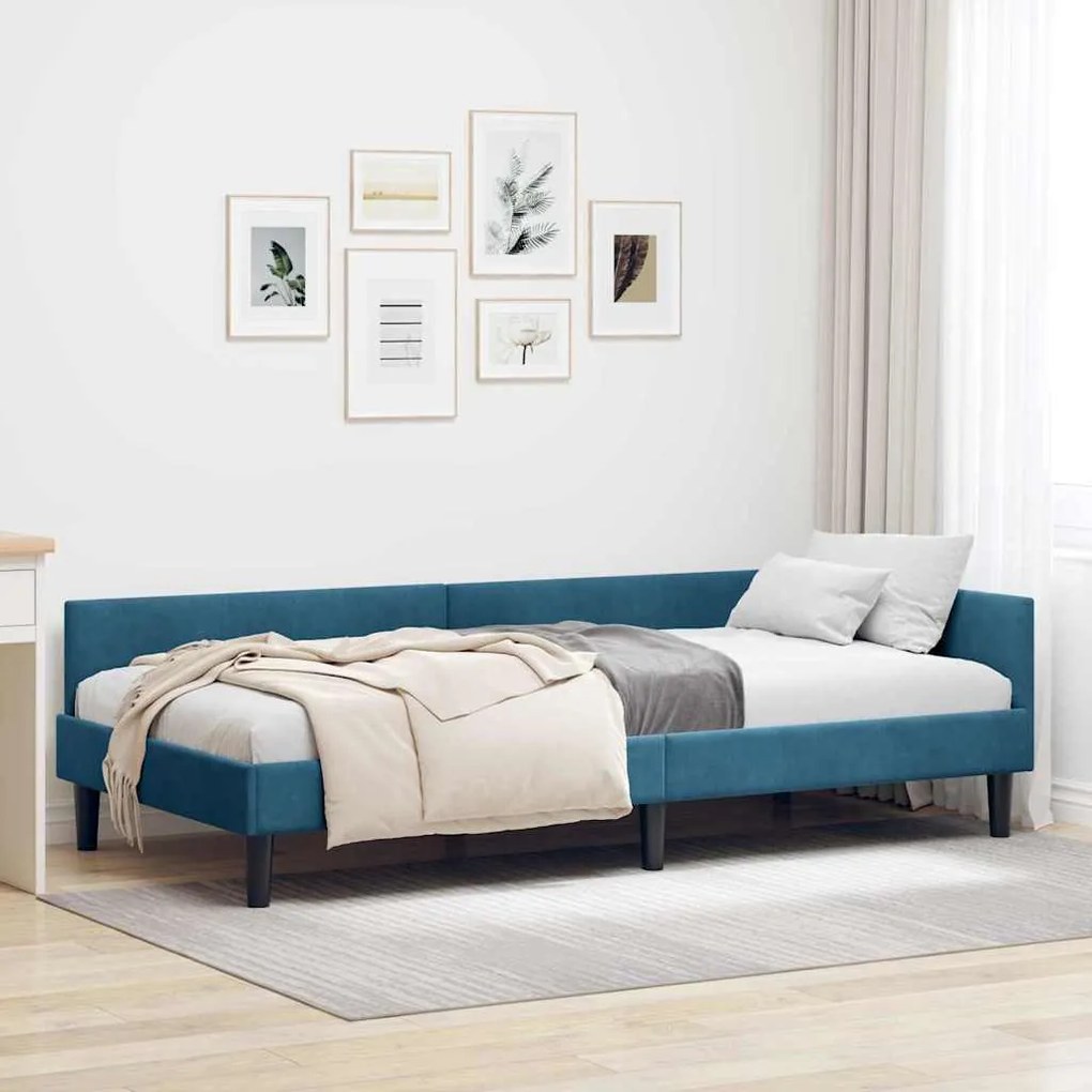 vidaXL Πλαϊνό Κρεβάτι Μπλε 90 x 190 cm Βελούδο και Στιβαρή ξυλεία