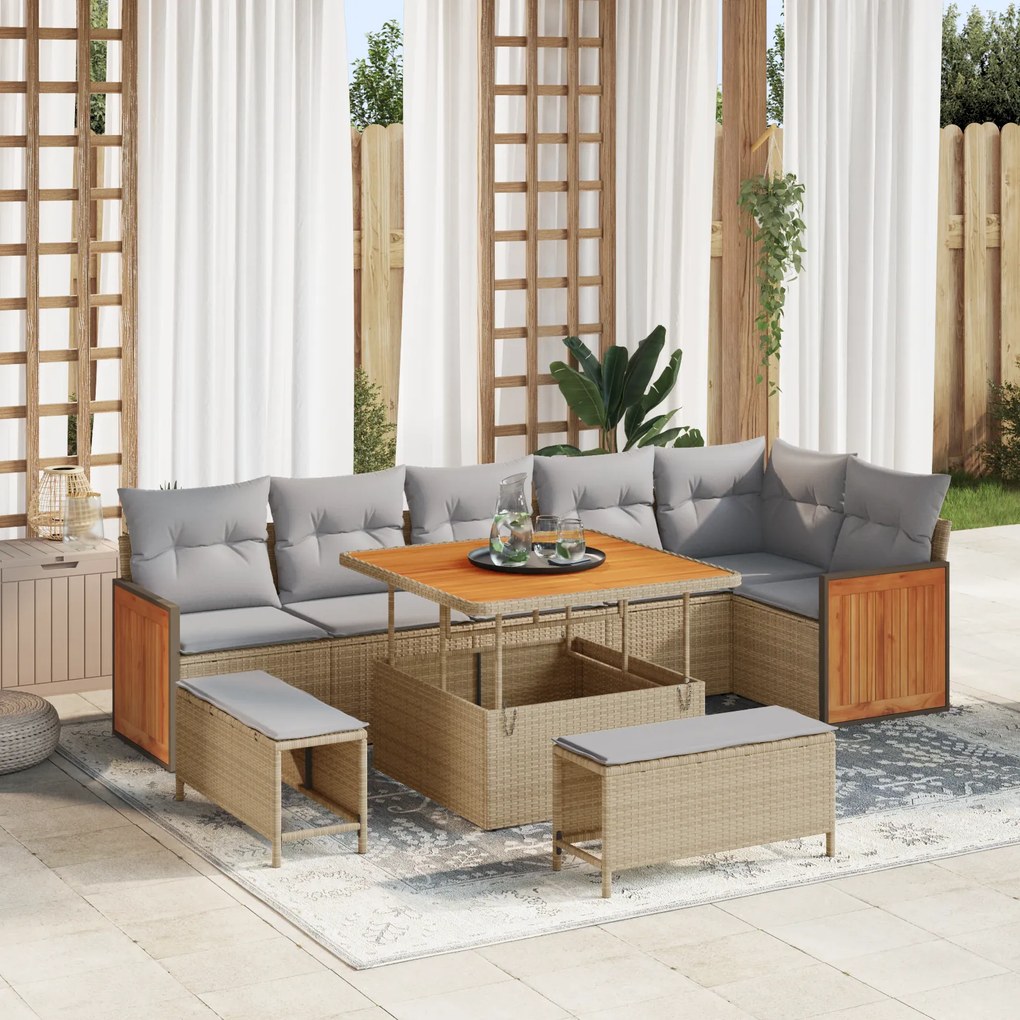 vidaXL 9 Piece Garden Sofa Set with Cushions Beige Poly Rattan Acacia