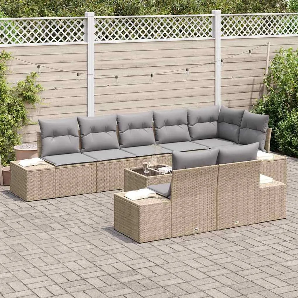 vidaXL Σετ Καναπέ Κήπου με μαξιλάρι 9 pcs Μπεζ, γκρι Πολυ ράταν