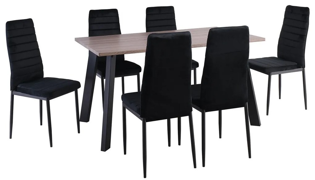 JETTA-BAXTER Τραπεζαρία Μέταλλ ο Βαφή Μαύρο, Τραπέζι Sonoma Oak + 6 Καρέκλες Velure Μαύρο Table:140x80x75 Chair:40x50x95