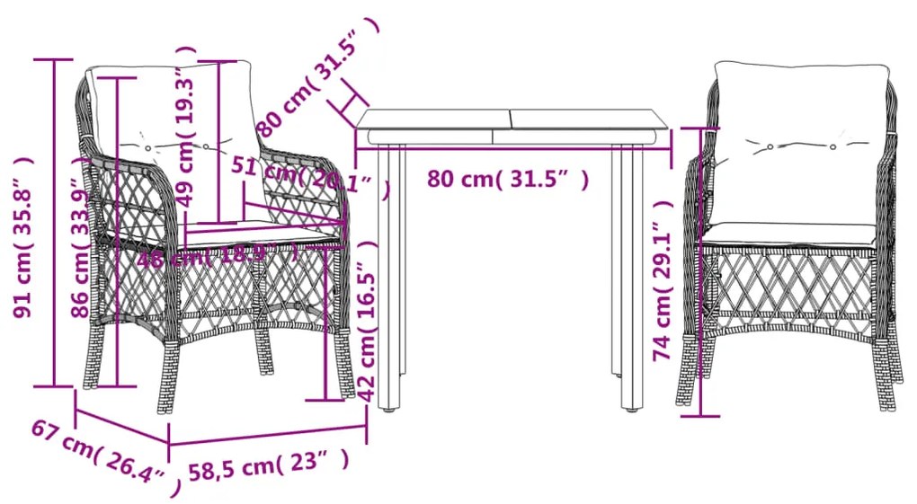 vidaXL Σετ Επίπλων Bistro 3 τεμ. Μαύρο Συνθετ. Ρατάν με Μαξιλάρια