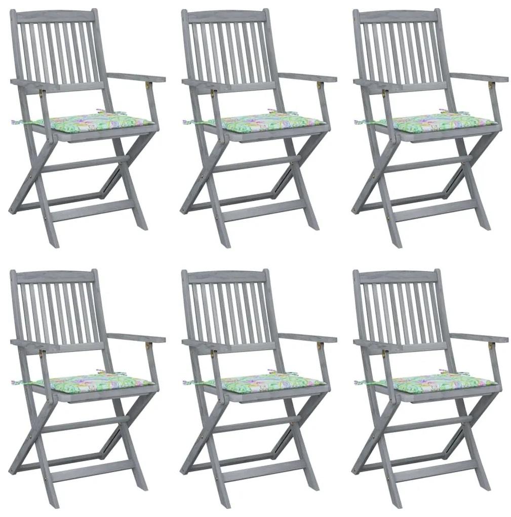 Καρέκλες Εξωτ. Χώρου Πτυσσόμενες 6 τεμ Μασίφ Ακακία &amp; Μαξιλάρια - Γκρι