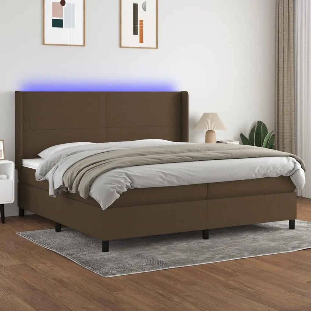 vidaXL Κρεβάτι Boxspring με Στρώμα & LED Σκ.Καφέ 200x200εκ. Υφασμάτινο