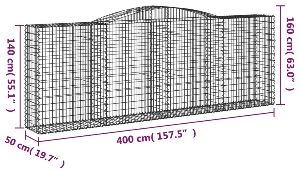 Συρματοκιβώτια Τοξωτά 2 τεμ. 400x50x140/160 εκ. Γαλβαν. Ατσάλι - Ασήμι