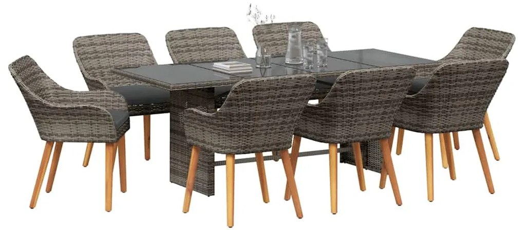 vidaXL Σέτ φαγητού για κήπο με μαξιλάρι 9 pcs Γκρι συνθετικό ρατάν