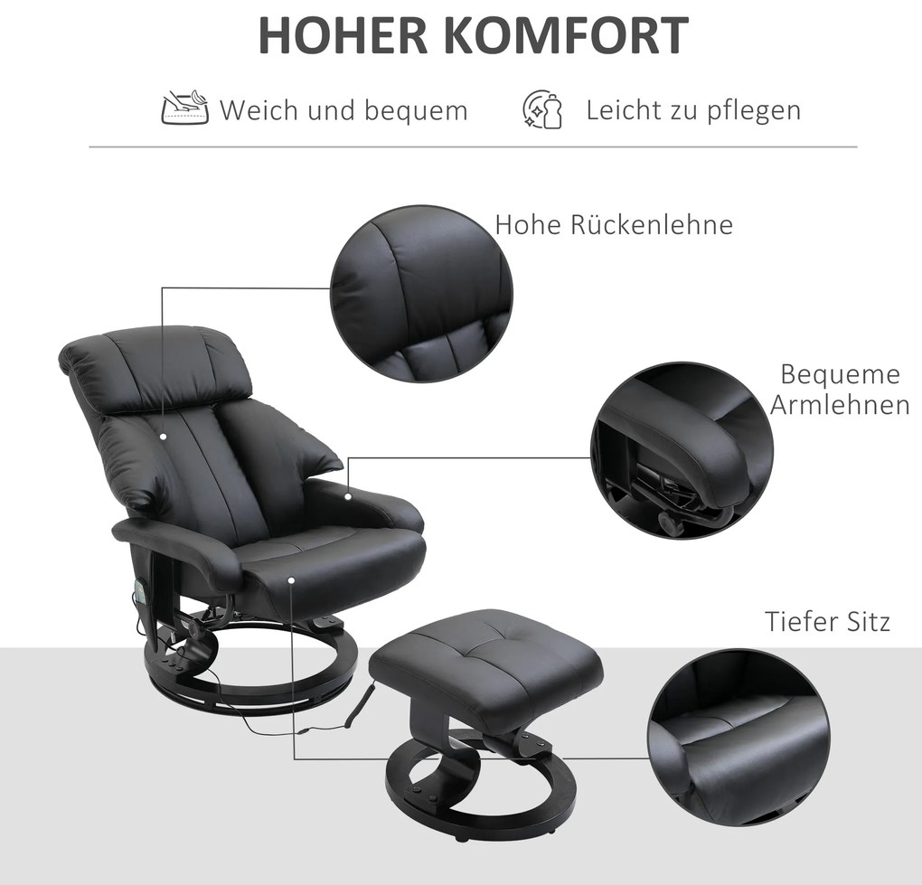 HOMCOM Πολυθρόνα Μασάζ με Υποπόδιο, 10 Σημεία Δόνησης, 145° Ρυθμιζόμενη Πλάτη, Μαύρο