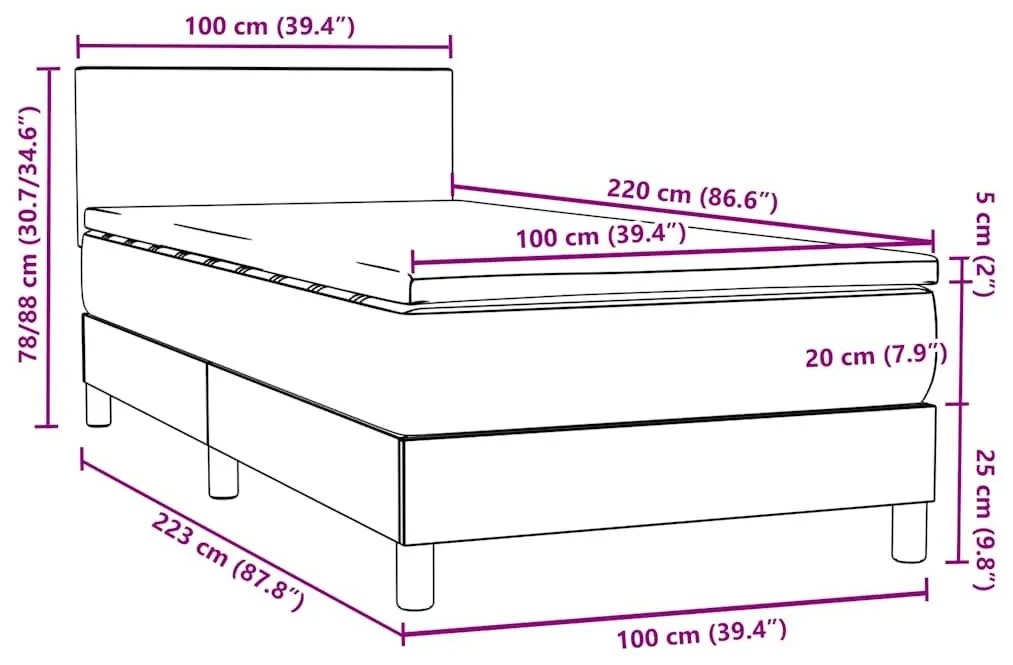 Box Spring κρεβάτι με στρώμα ανοιχτό γκρι 100x220 εκ. Βελούδινο - Γκρι