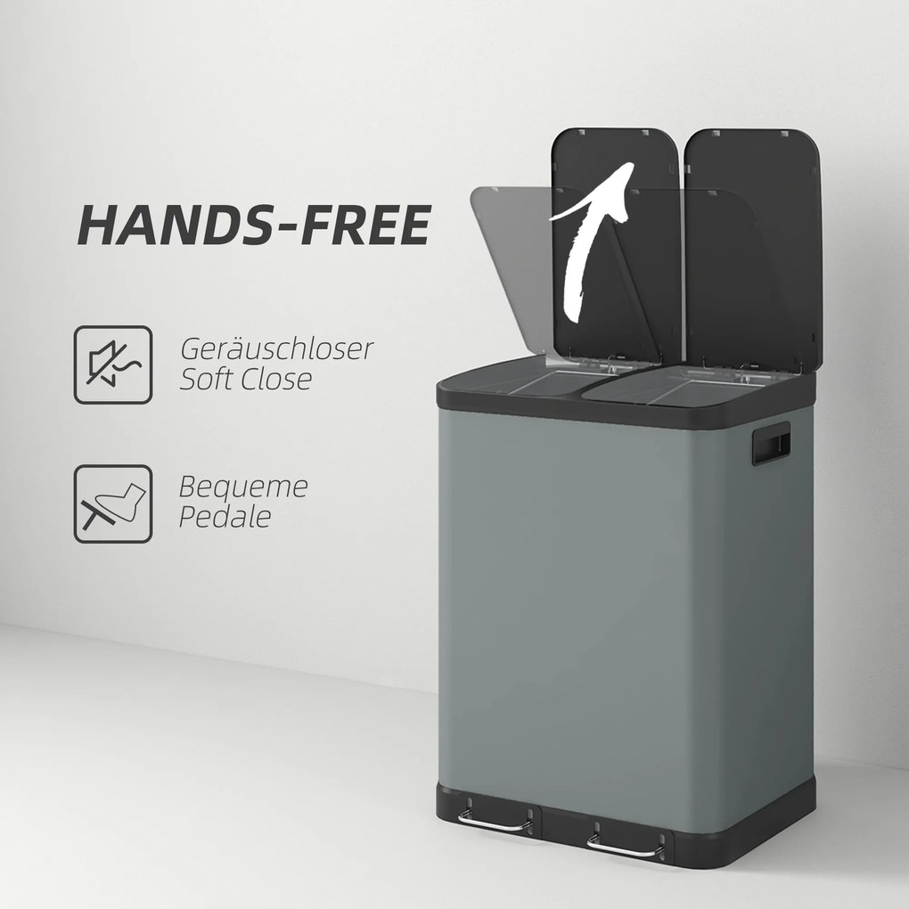 HOMCOM Κάδος απορριμμάτων διπλού διαμερίσματος, 2 x 30L, ανθεκτικός σε δακτυλικά αποτυπώματα, πεντάλ, αφαιρούμενοι εσωτερικοί κάδοι, Γκρι