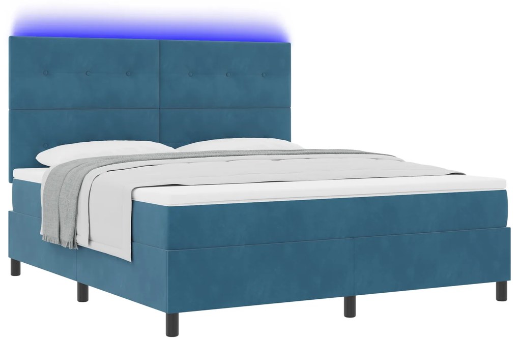vidaXL Κρεβάτι Box Spring με Στρώμα & LED Σκούρο Μπλε 180x200 εκ. Βελούδο
