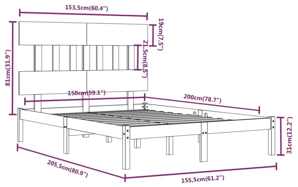 Πλαίσιο Κρεβατιού 150 x 200 εκ. Μασίφ Ξύλο King Size - Καφέ