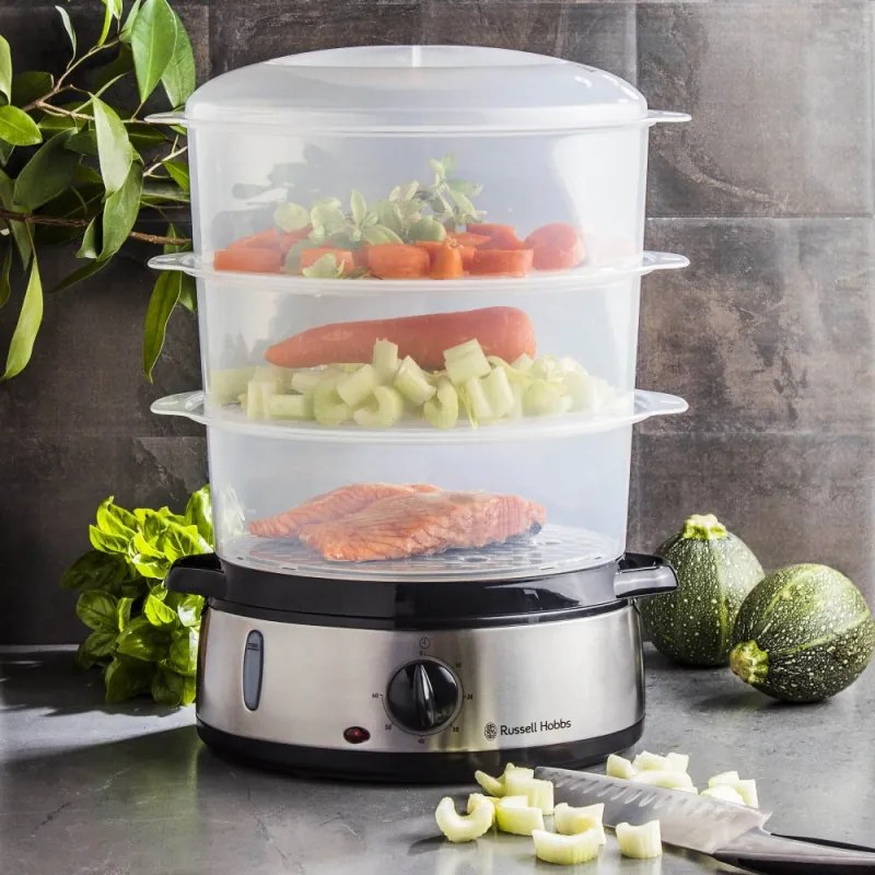 Ατμομάγειρας Russell Hobbs 19270-56, 800W, 3 επίπεδα, 9 λίτρα, Χρονοδιακόπτης 60 λεπτά, Ανοξείδωτο ατσάλι