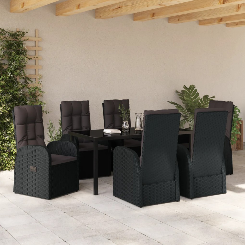 vidaXL Set με 7 κομμάτια για Δείπνο Κήπου με Μαξιλάρια - Μαύρη Πολυ Ράτα
