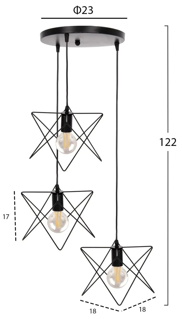 Φωτιστικό Οροφής Κρεμαστό Τρίφωτο Μαύρο Μέταλλο Φ23x122Υεκ.