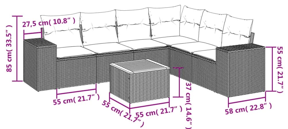vidaXL Καναπές Σετ 7 Τεμαχίων Μαύρο Συνθετικό Ρατάν με Μαξιλάρια