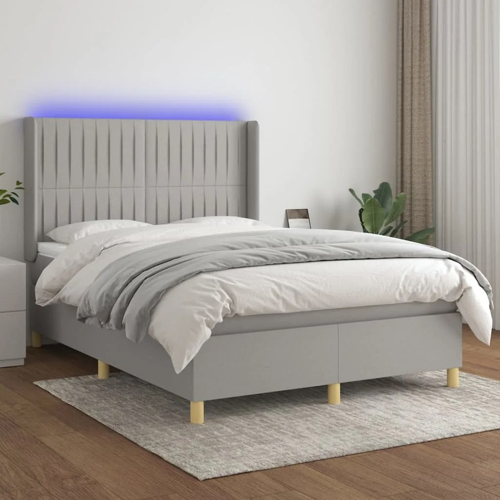 vidaXL Κρεβάτι Boxspring με Στρώμα & LED Αν.Γκρι 140x190εκ. Υφασμάτινο