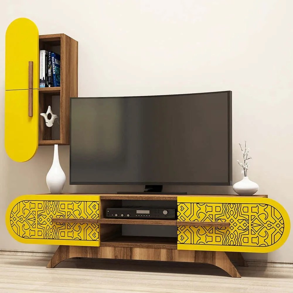 Σύνθεση Τηλεόρασης Defne 845HCT3024 145x35x37cm Walnut-Yellow