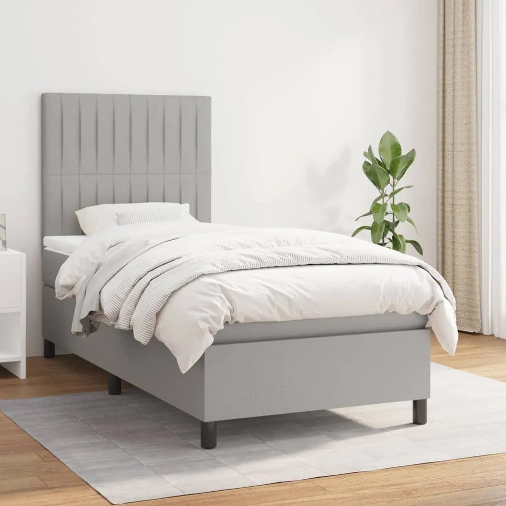 vidaXL Κρεβάτι Boxspring με Στρώμα Ανοιχτό Γκρι 90x190 εκ. Υφασμάτινο