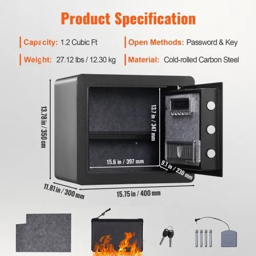 VEVOR Safe, 1.2 Cubic Feet Home Safe, Steel Security Safe with Digital Keypad and 2 Keys, Cabinet Safe with Fire-proof Bag, Protect Cash, Gold, Jewelry, Documents for Home, Hotel, 15.8x11.8x13.8 inche