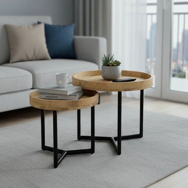 Τραπέζι σαλονιού Kelly σετ 2τεμ pakoworld μασίφ ξύλο φυσικό-μαύρο