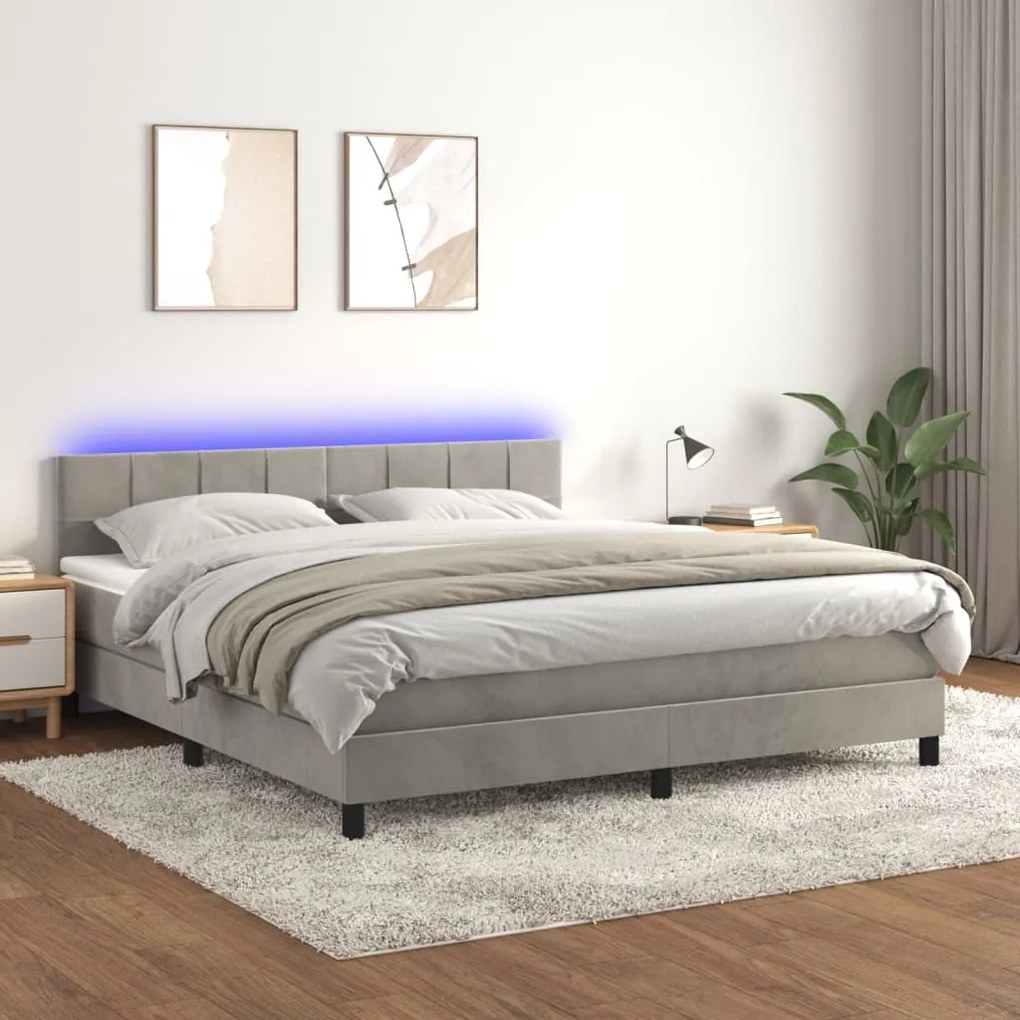 vidaXL Κρεβάτι Boxspring με Στρώμα & LED Αν.Γκρι 180x200 εκ. Βελούδινο