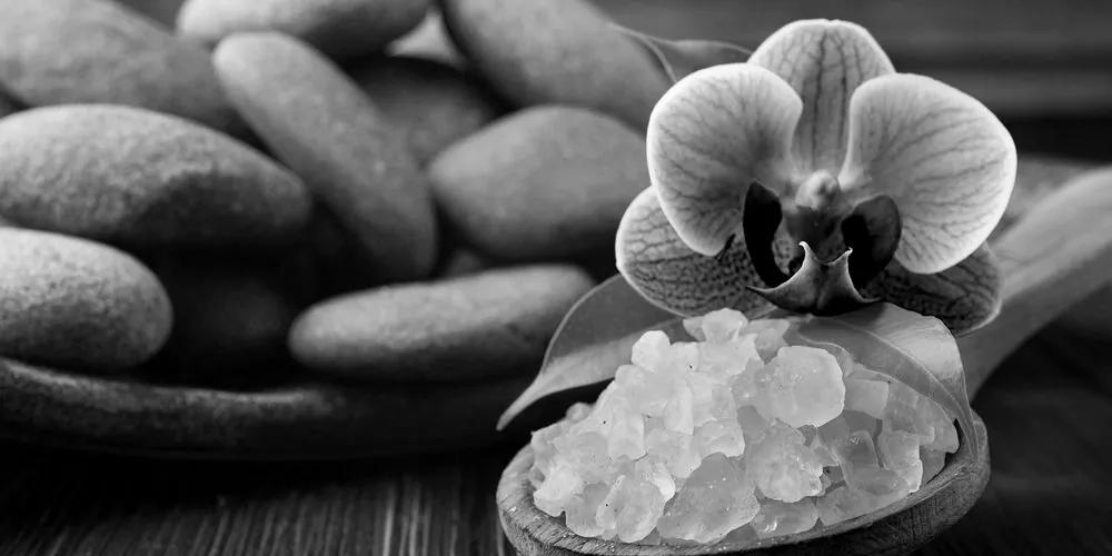 Φωτογραφίστε το θαλασσινό αλάτι και τις πέτρες Ζεν σε ασπρόμαυρο