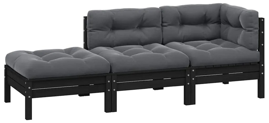 vidaXL Σαλόνι Κήπου Σετ 3 Τεμ. Μαύρο Μασίφ Ξύλο Πεύκου με Μαξιλάρια