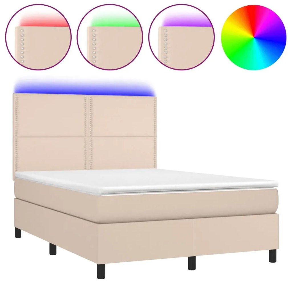 vidaXL Κρεβάτι Boxspring Στρώμα&LED Καπουτσίνο 140x190 εκ. Συνθ. Δέρμα