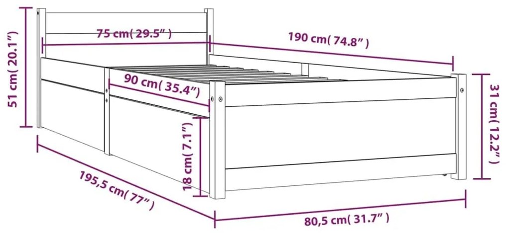 Πλαίσιο Κρεβατιού Με Συρτάρια Μαύρο 75x190 εκ Small Single - Καφέ