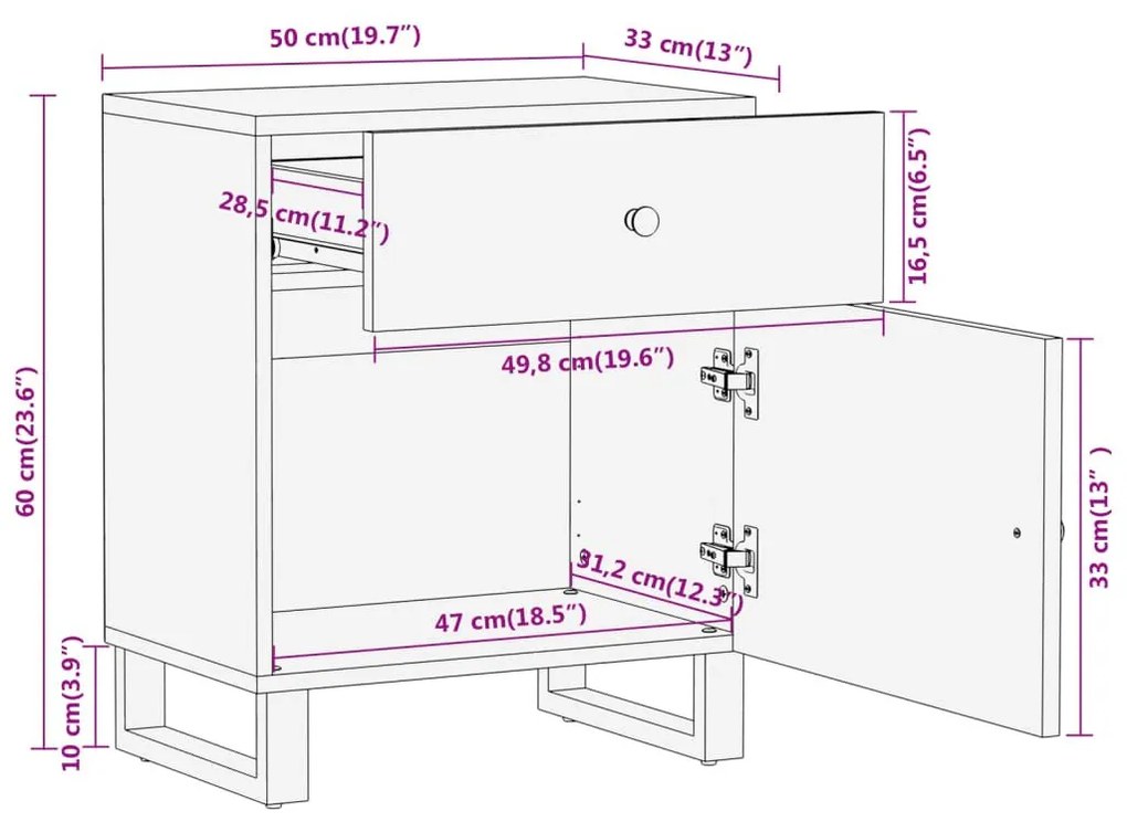 Κομοδίνο Καφέ και Μαύρο 50x33x60 εκ. από Μασίφ Ξύλο Μάνγκο - Καφέ