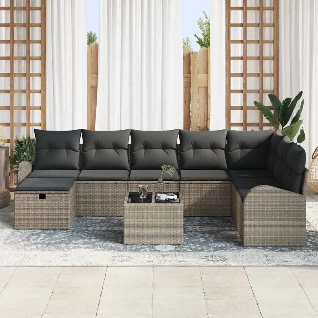 vidaXL Σετ Καναπέ Κήπου με μαξιλάρι 9 pcs Γκρι Πολυ ράταν