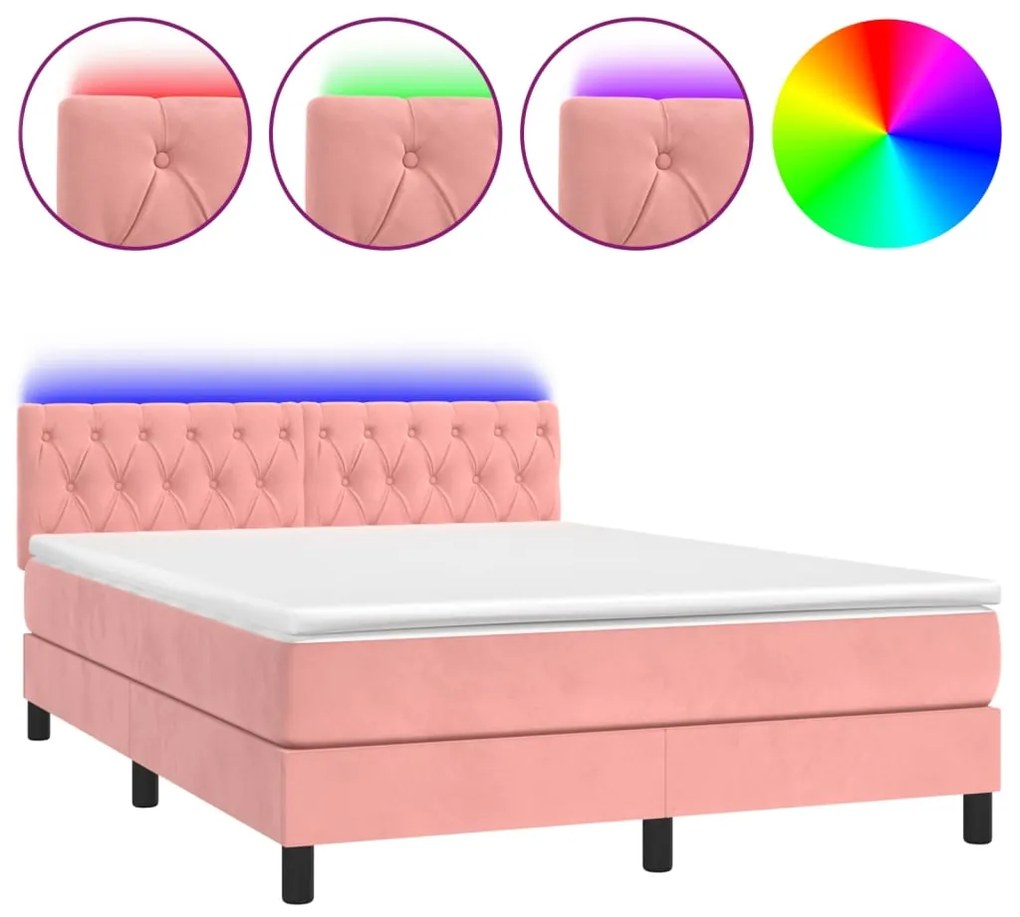 vidaXL Κρεβάτι Boxspring με Στρώμα & LED Ροζ 140x200 εκ. Βελούδινο