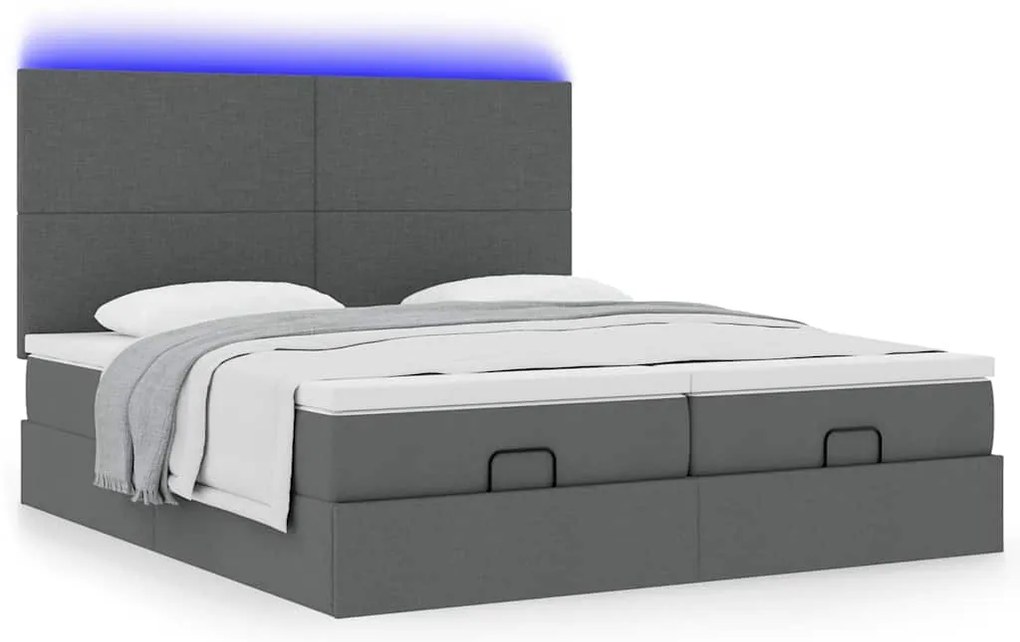 vidaXL Οθωμανικό κρεβάτι με στρώματα&LEDs Σκούρο γκρι 200x200cm ύφασμα