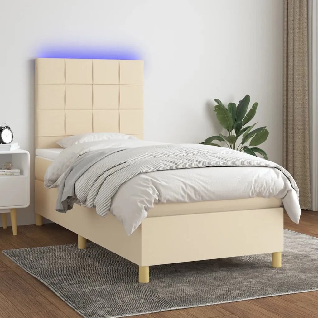 Κρεβάτι Boxspring με Στρώμα &amp; LED Κρεμ 80x200 εκ. Υφασμάτινο - Κρεμ