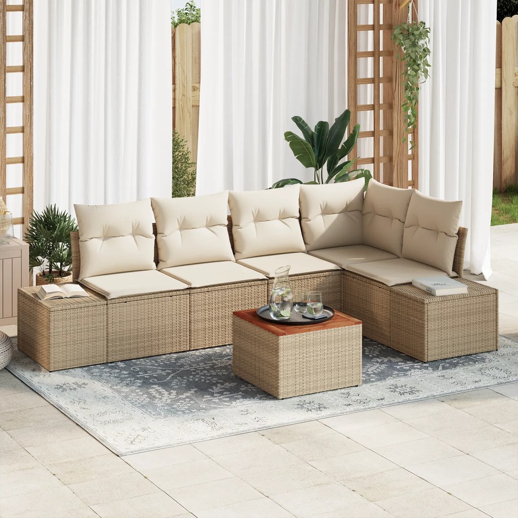 vidaXL Σετ Σαλονιού Κήπου 6 pcs Μπεζ και Λευκό Ψάθα, Υφάσματα
