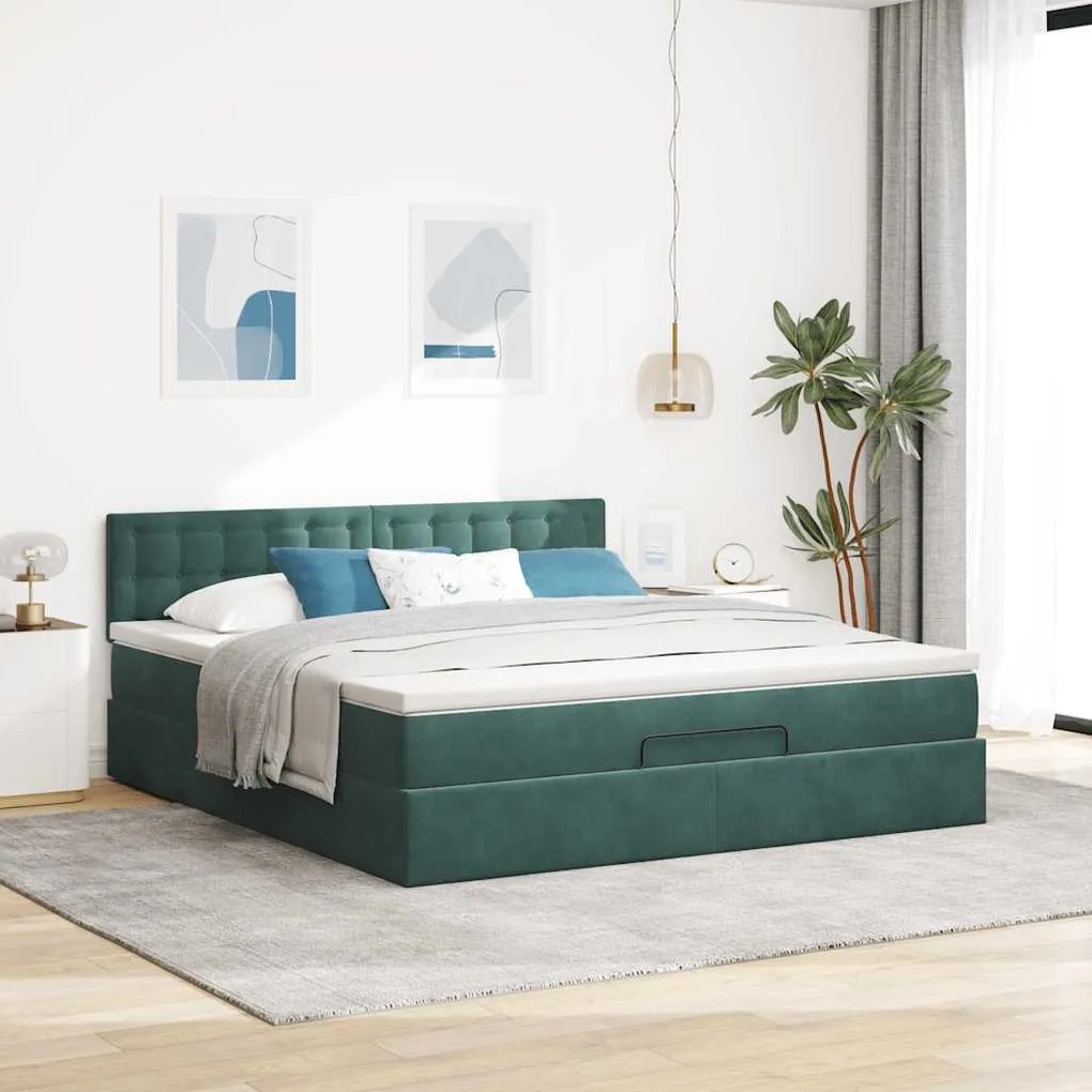 vidaXL Οθωμανικό κρεβάτι με στρώμα & LEDs Dark Green 160x200cm Velvet