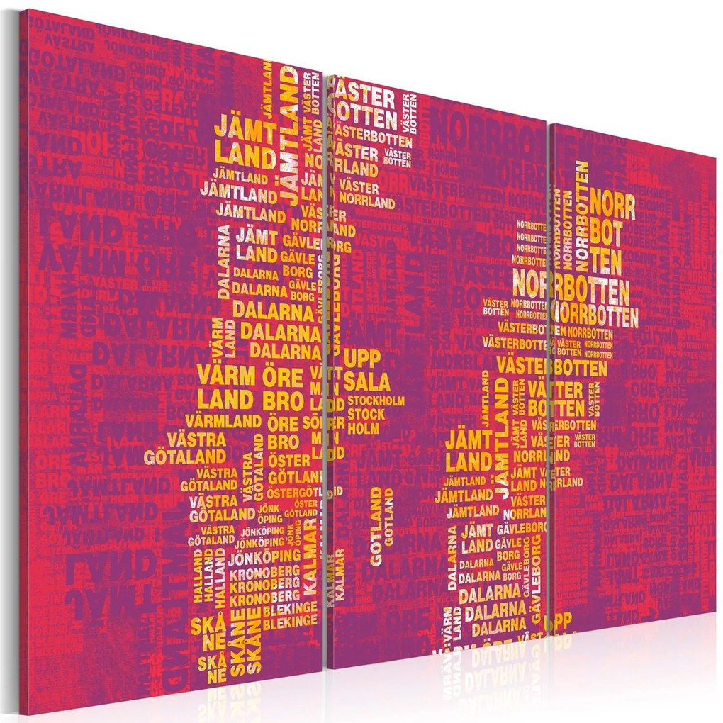 Πίνακας - Text map of Sweden (pink background) - triptych 60x40