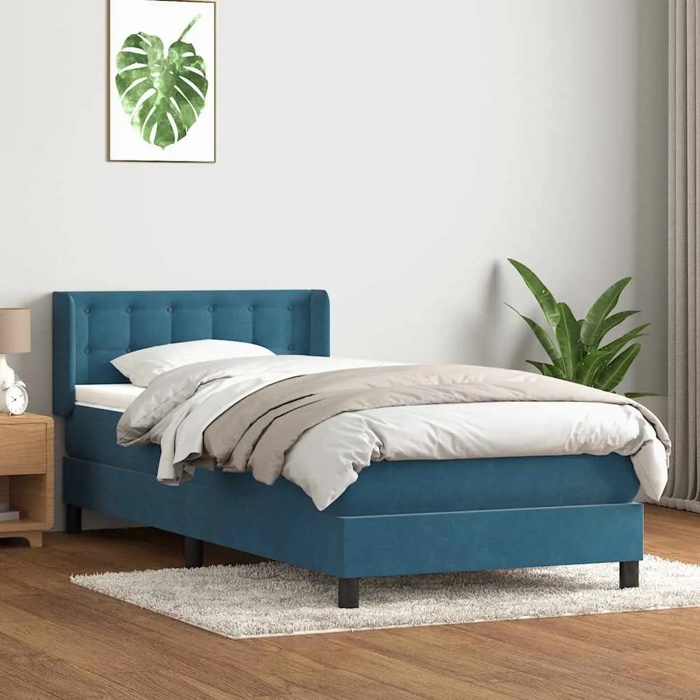 Κρεβάτι Boxspring με Στρώμα Σκούρο Μπλε 90x220 εκ. Βελούδινο - Μπλε