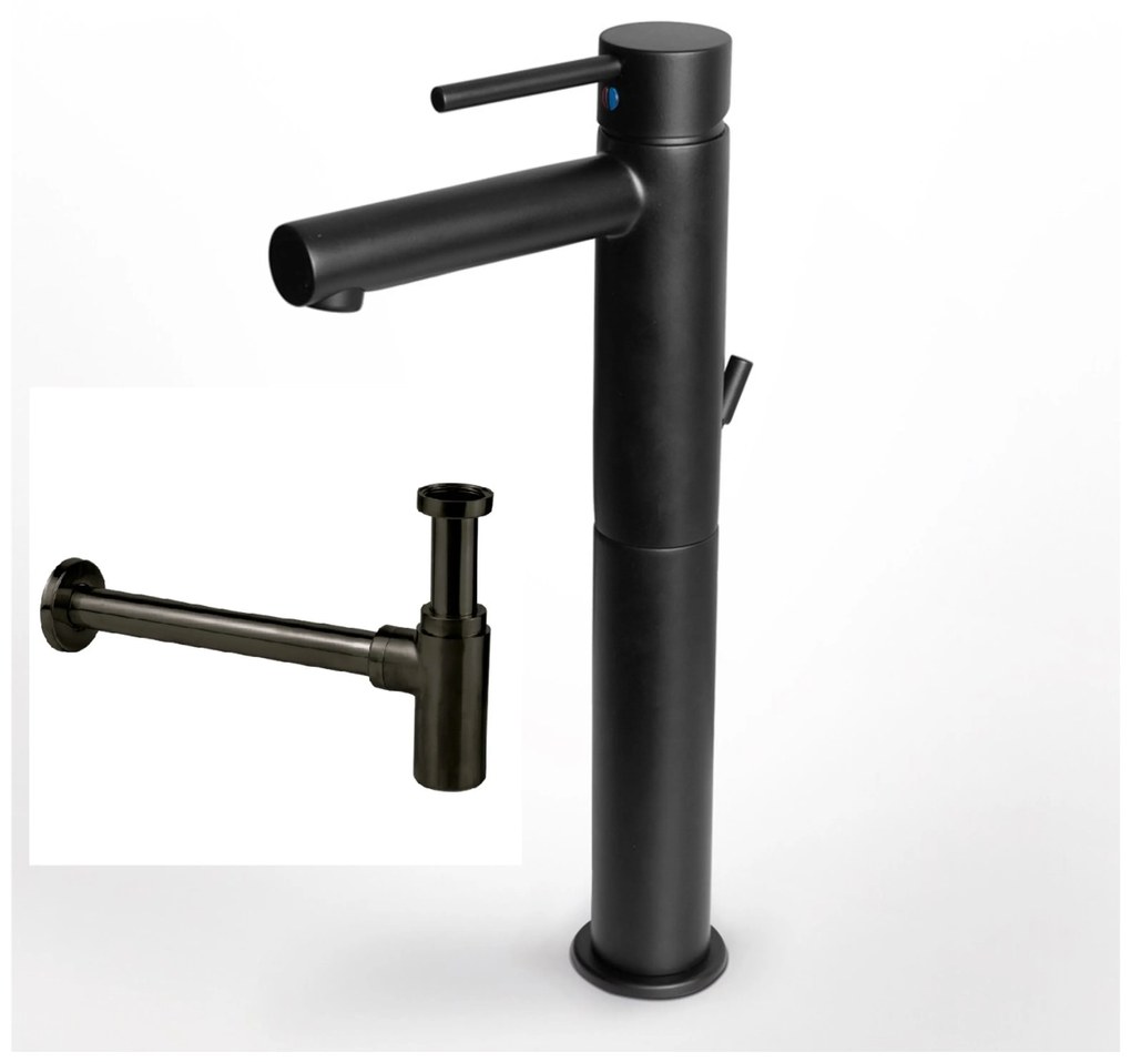 Eurorama Tonda Black Matt 145310P-400 Μπαταρία Νιπτήρος Υψηλή, με Aυτόματη Βαλβίδα +Σιφών