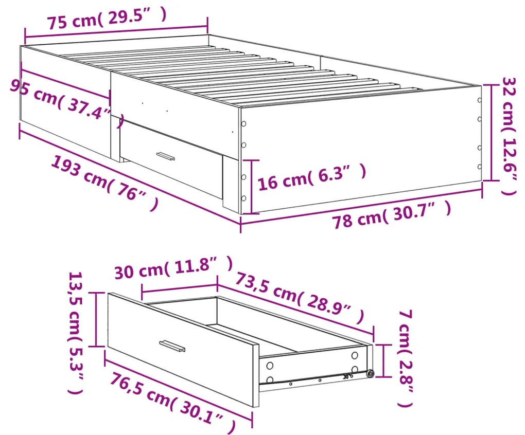 Πλαίσιο Κρεβατιού με Συρτάρια Γκρι Sonoma 75x190 εκ. Επεξ. Ξύλο - Γκρι