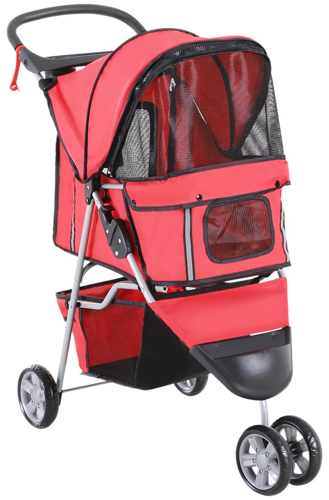 PawHut Καρότσι Σκύλου Σκύλου έως 10 kg Πτυσσόμενο Καλάθι Δαπέδου 2 Βάσεις Ποτηριών Ρυθμιζόμενη Τέντα Κόκκινο