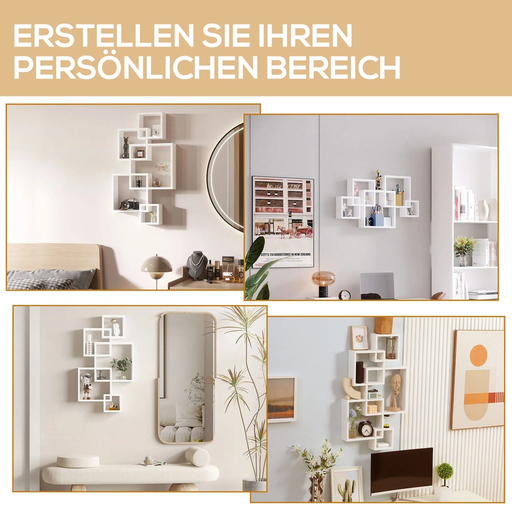 HOMCOM Ράφι τοίχου, αιωρούμενο ράφι, 5 ράφια, μασίφ ξύλο, λευκό