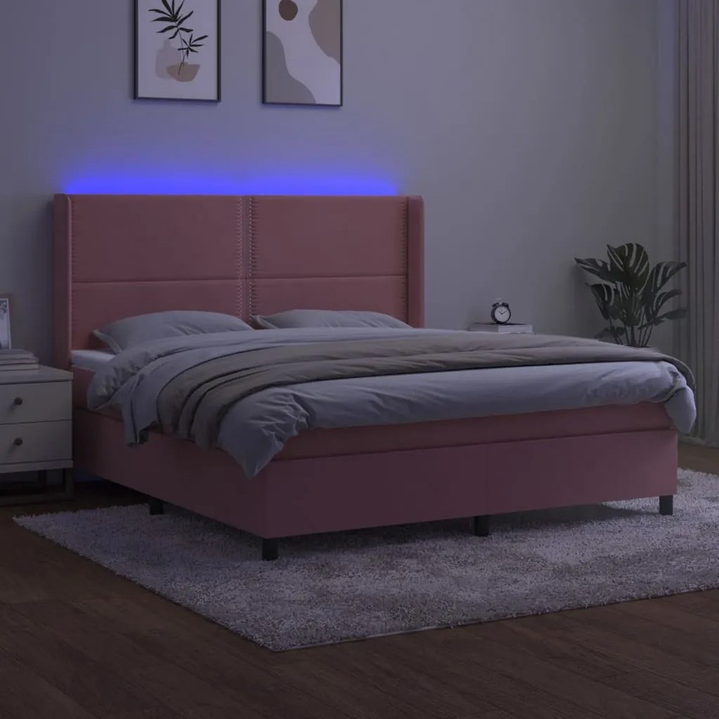 Κρεβάτι Boxspring με Στρώμα &amp; LED Ροζ 180x200 εκ. Βελούδινο - Ροζ