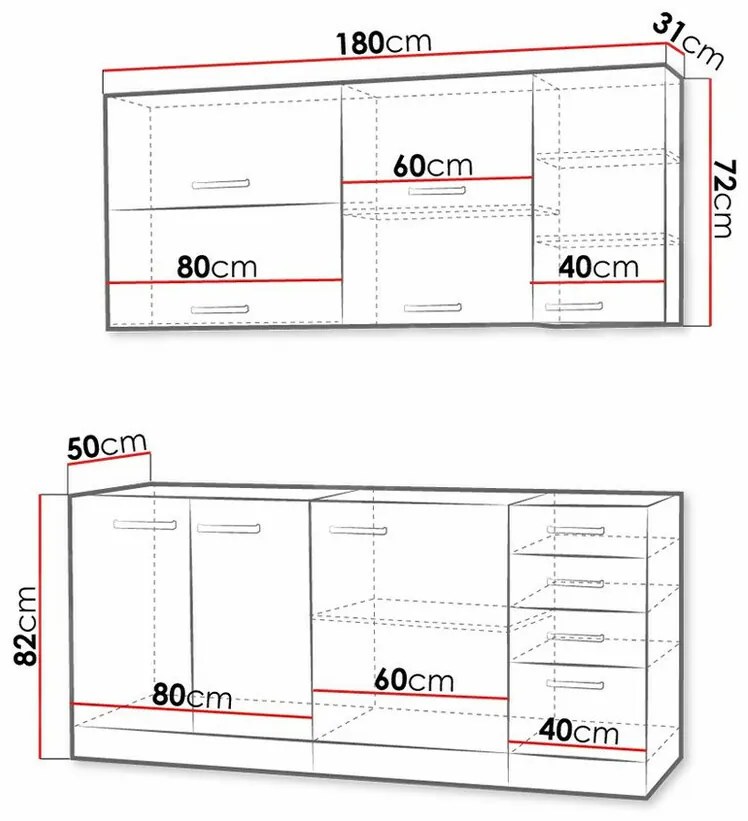 Σετ κουζίνας Upa 102, 180x50cm, 127 kg, Ινοσανίδες μέσης πυκνότητας, Πλαστικοποιημένη μοριοσανίδα | Epipla1.gr