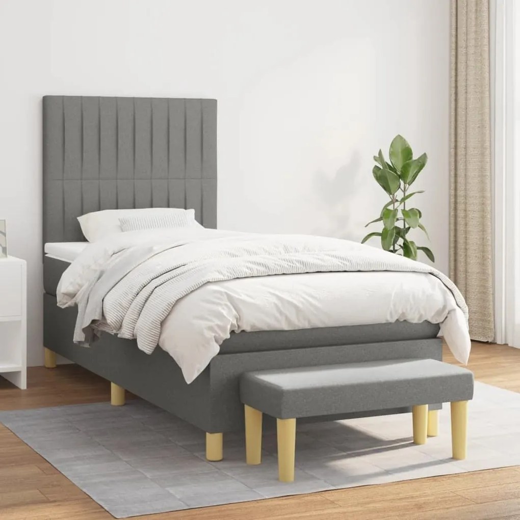 Κρεβάτι Boxspring με Στρώμα Σκούρο Γκρι 90x190 εκ. Υφασμάτινο - Γκρι