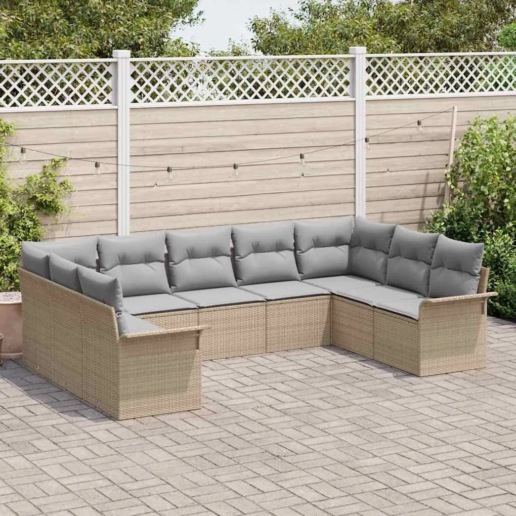 vidaXL Σετ Καναπέ Κήπου με μαξιλάρι 9 pcs Μπεζ Πολυ ράταν