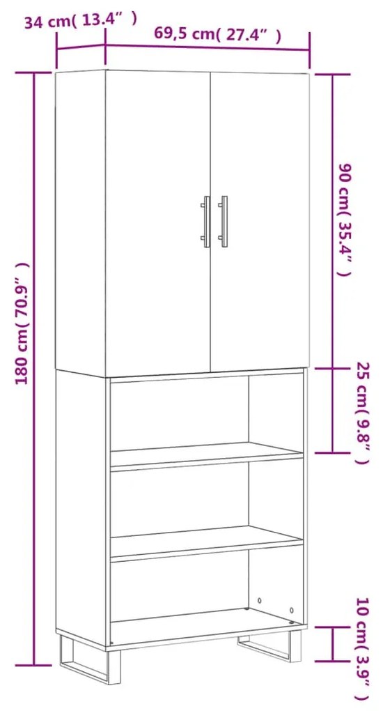 Ντουλάπι Γκρι Sonoma 69,5 x 34 x 180 εκ. Επεξεργασμένο Ξύλο - Γκρι