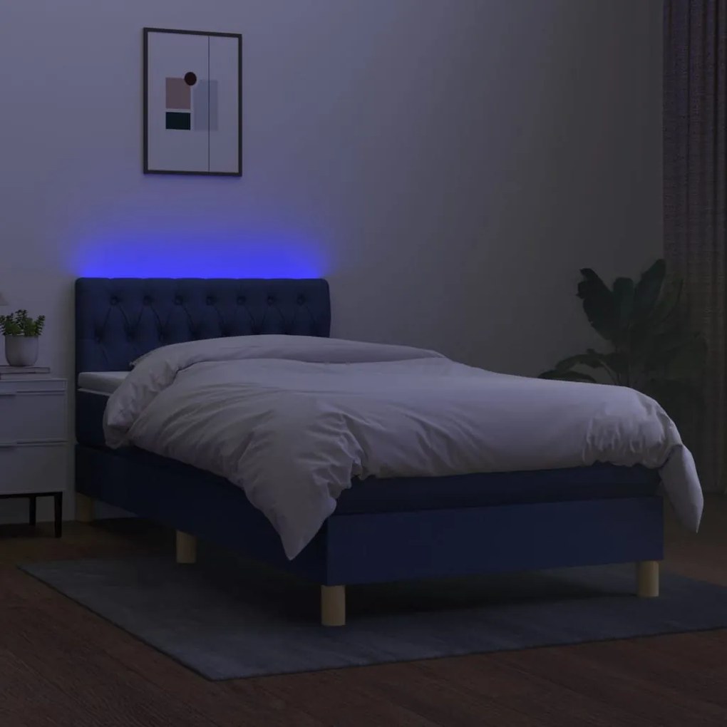 Κρεβάτι Boxspring με Στρώμα &amp; LED Μπλε 90x200 εκ. Υφασμάτινο - Μπλε