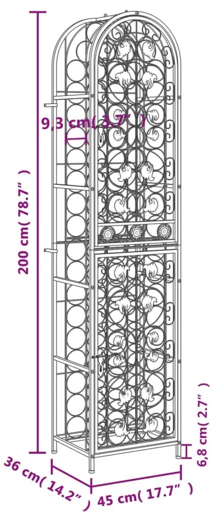 vidaXL Ραφιέρα Κρασιών 73 Μπουκ. Μαύρη 45x36x200 εκ. Σφυρήλατο Σίδερο